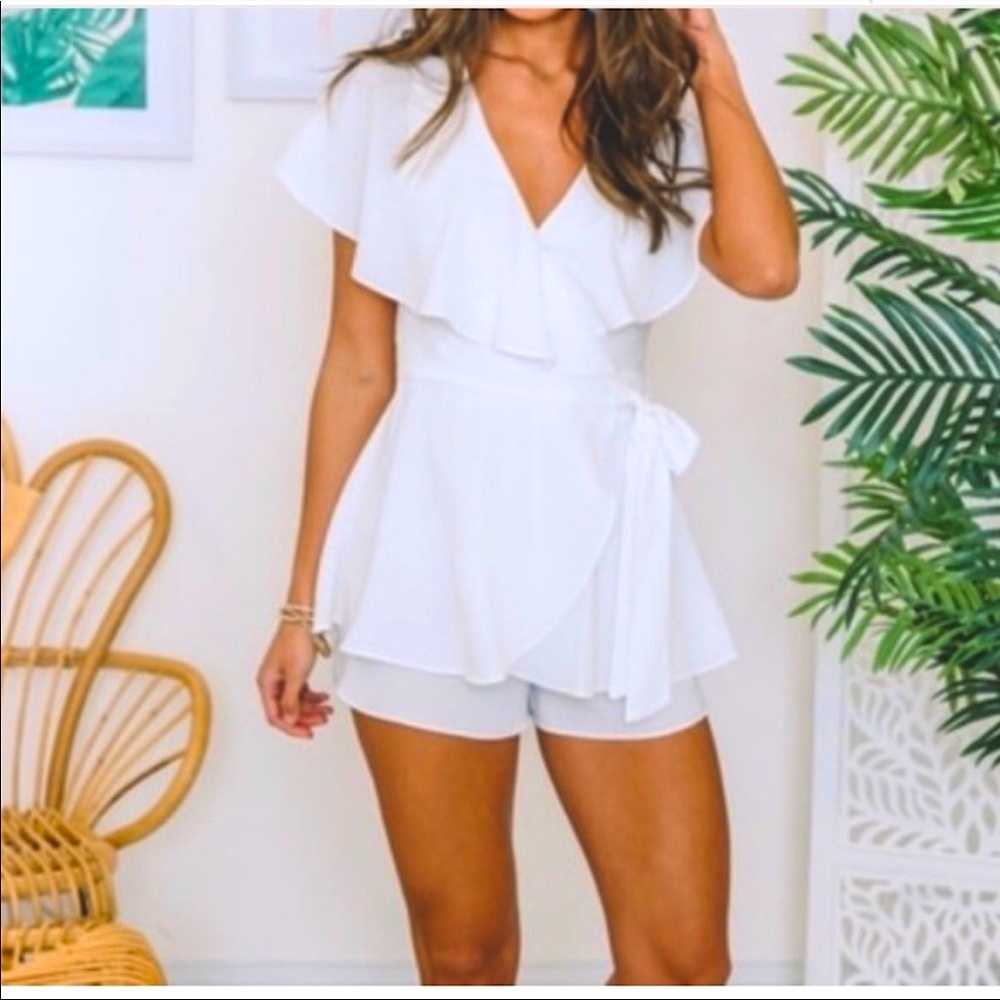 PINK LILY BOUTIQUE Never Worn Ruffle Wrap Romper White